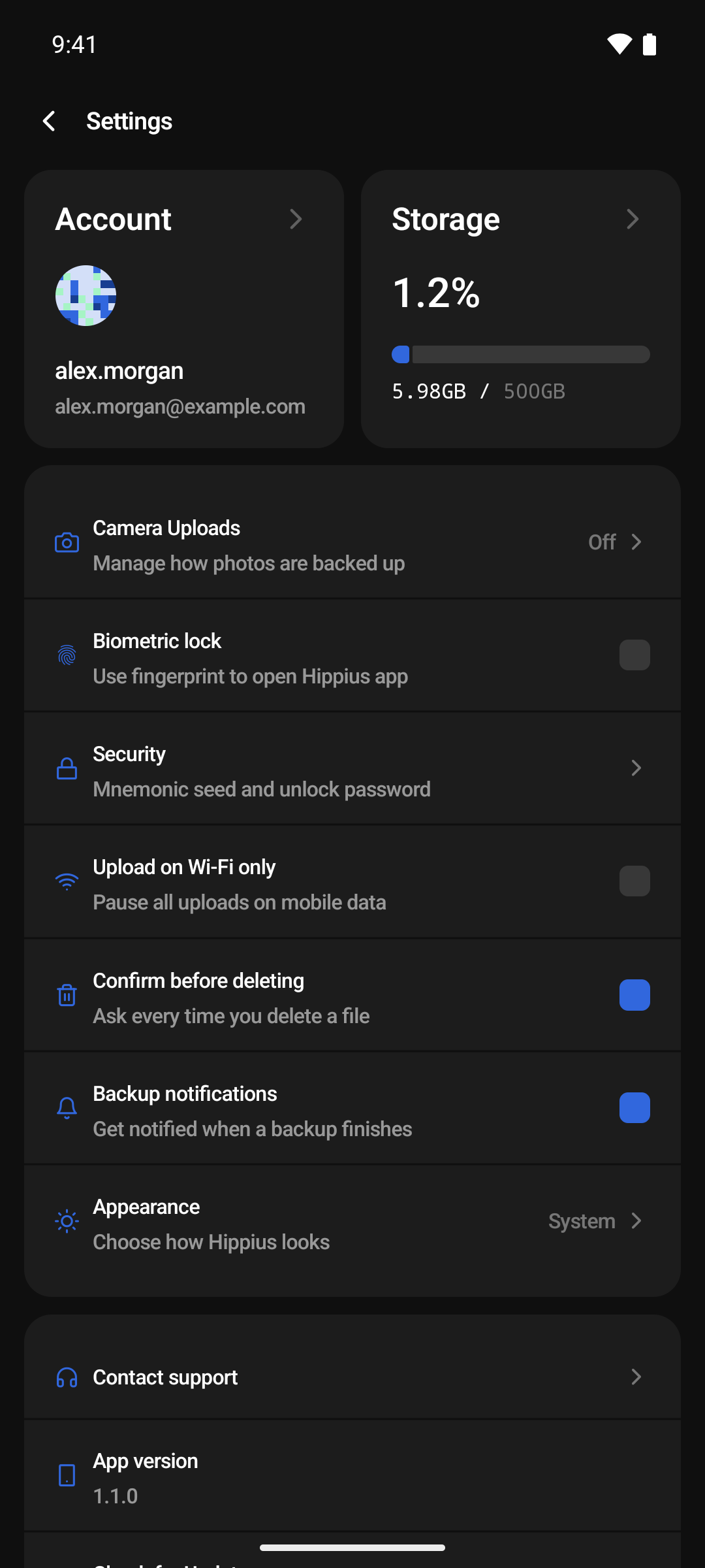 The Settings screen
