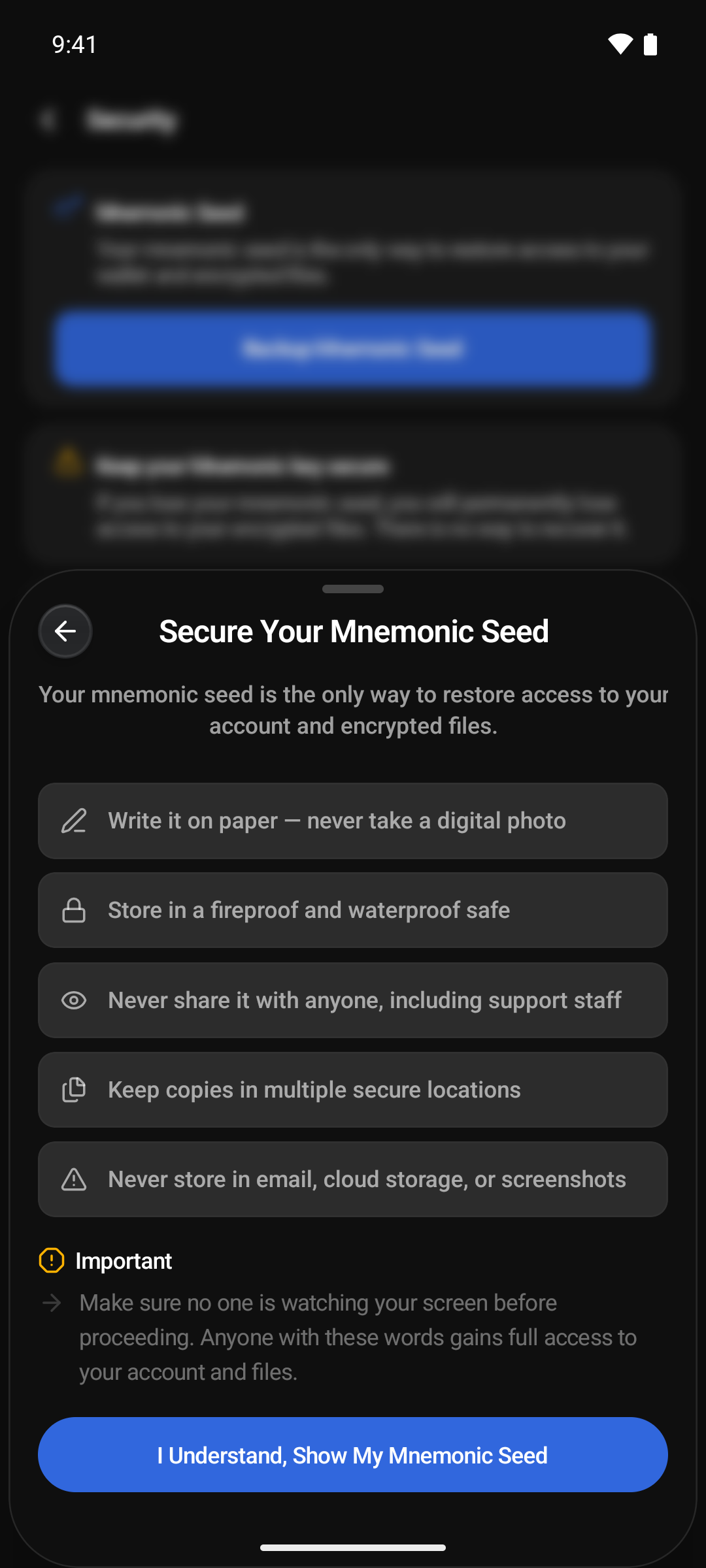 Secure Your Mnemonic Seed step with handling tips