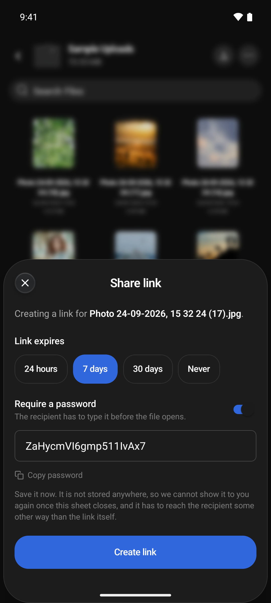 Share link options: expiry and optional password