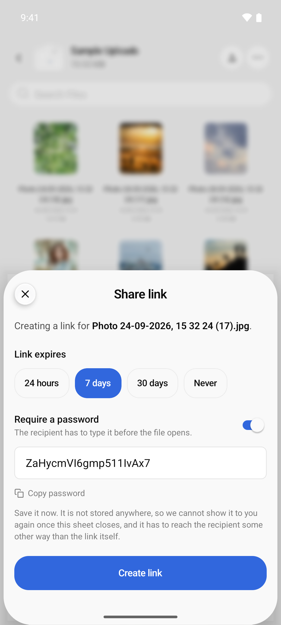 Share link options: expiry and optional password