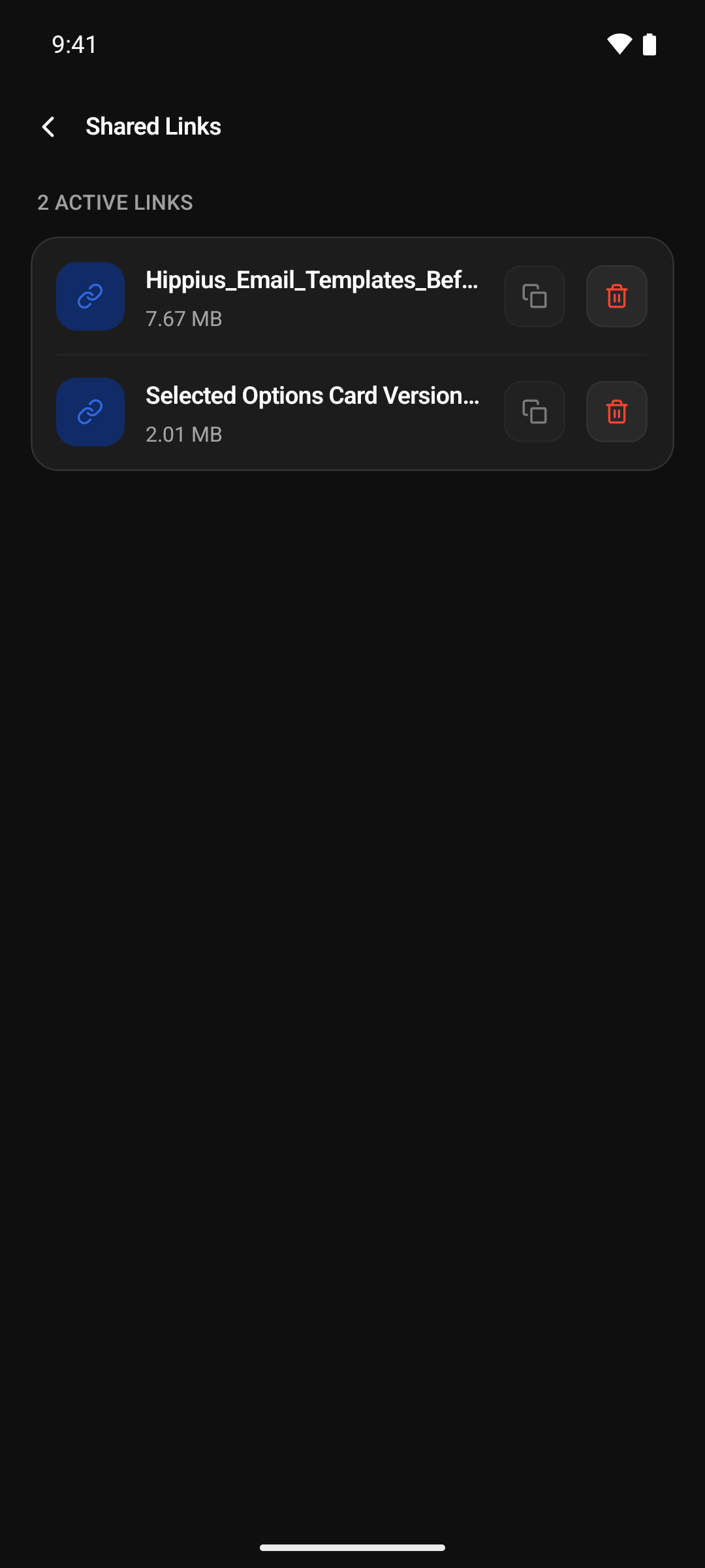 The Shared Links screen