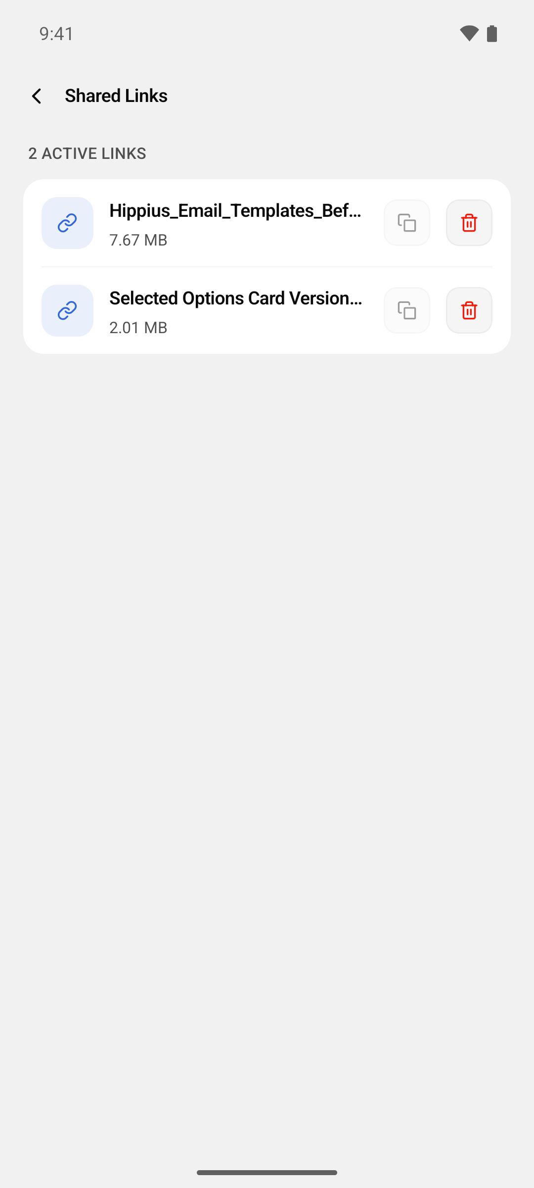 The Shared Links screen