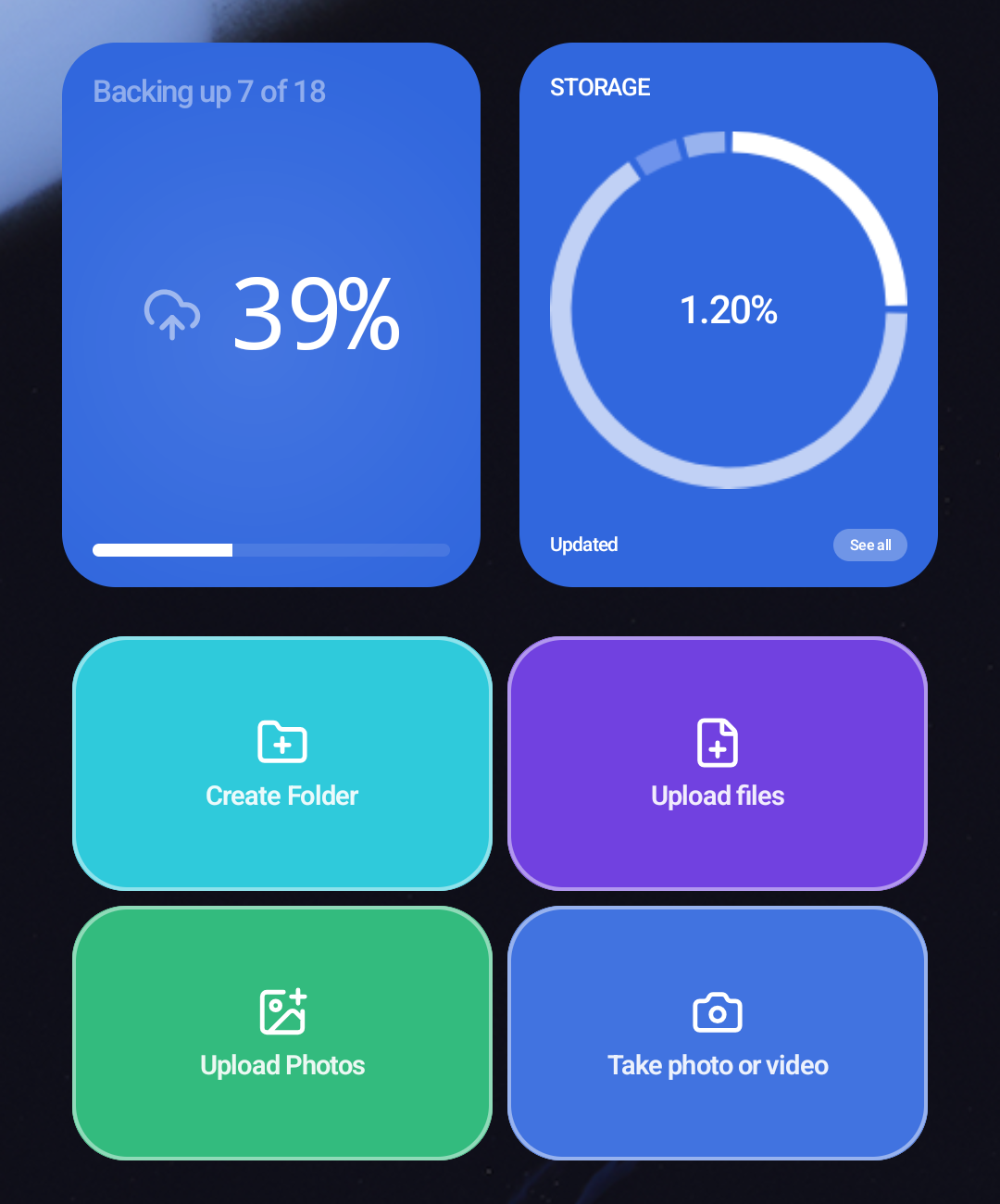 The Upload & Backup, Storage and Quick Actions widgets on an Android home screen